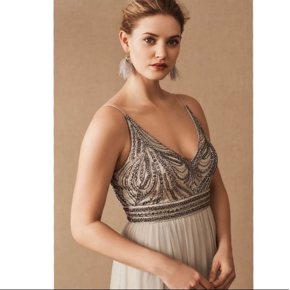 Anthropologie BHLDN Vilette Embellished Maxi Dress Silver Fog - Picture 2 of 13